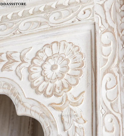 White Rustic Solid wood HandCarved Bookshelf with Storage - D'DASS Store