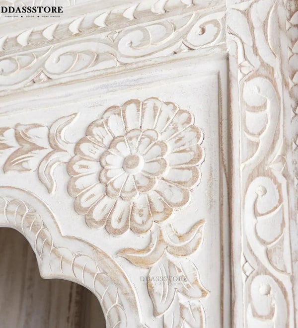 White Rustic Solid wood HandCarved Bookshelf with Storage - D'DASS Store