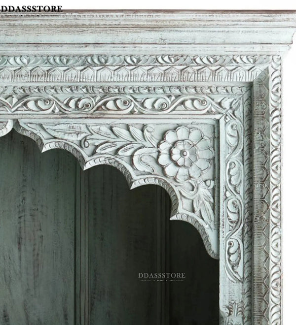 Green Rustic Solid wood HandCarved Bookshelf with Storage - D'DASS Store