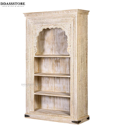 White Rustic Solid wood HandCarved Bookshelf with Storage