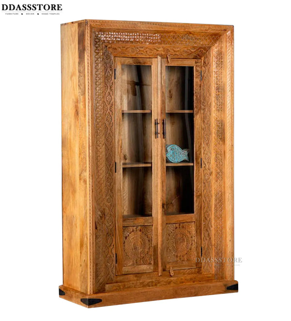 Natural Rustic Solid wood HandCarved Bookshelf with Storage - D'DASS Store