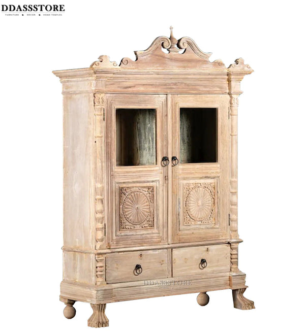 white Rustic Solid wood HandCarved Bookshelf with Storage - D'DASS Store