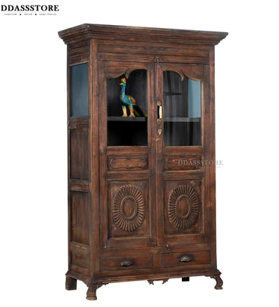 Walnut Rustic Solid wood HandCarved Bookshelf with Storage - D'DASS Store