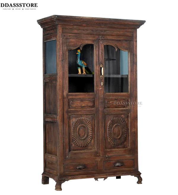 Walnut Rustic Solid wood HandCarved Bookshelf with Storage - D'DASS Store