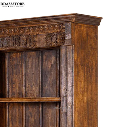 Walnut Rustic Solid wood HandCarved Bookshelf with Storage