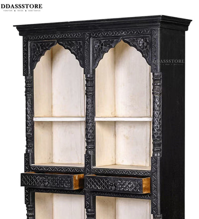 Black Rustic Solid wood HandCarved Bookshelf with Storage