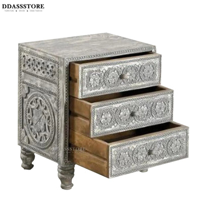 Rustic Grey Solid wood HandCarved Bedside Table for Bed - D'DASS Store