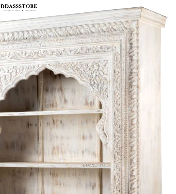 White Rustic Solid wood HandCarved Bookshelf with Storage - D'DASS Store