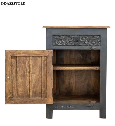 Distressed Grey Solid wood HandCarved Bedside Table for Bed - D'DASS Store