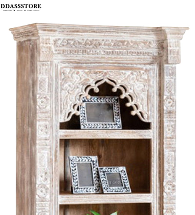 White Rustic Solid wood HandCarved Bookshelf with Storage