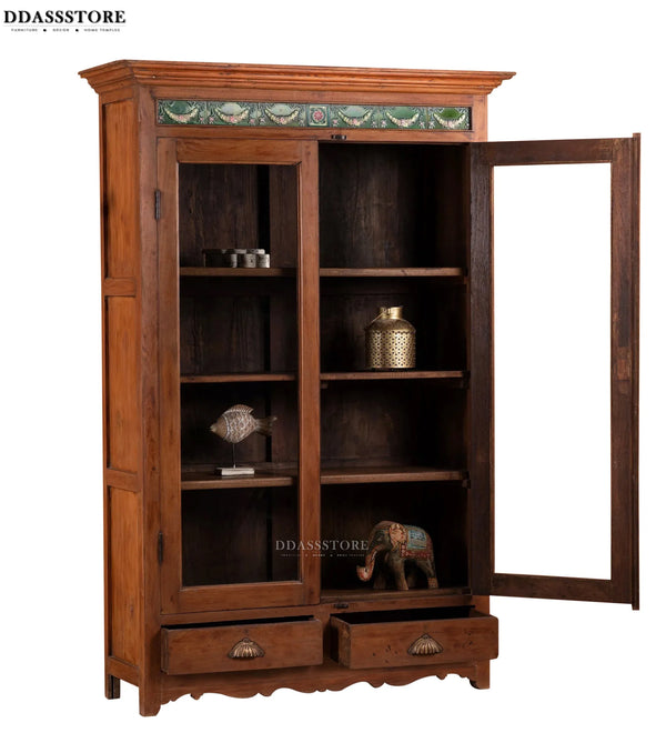 Natural Rustic Solid wood HandCarved Bookshelf with Storage - D'DASS Store