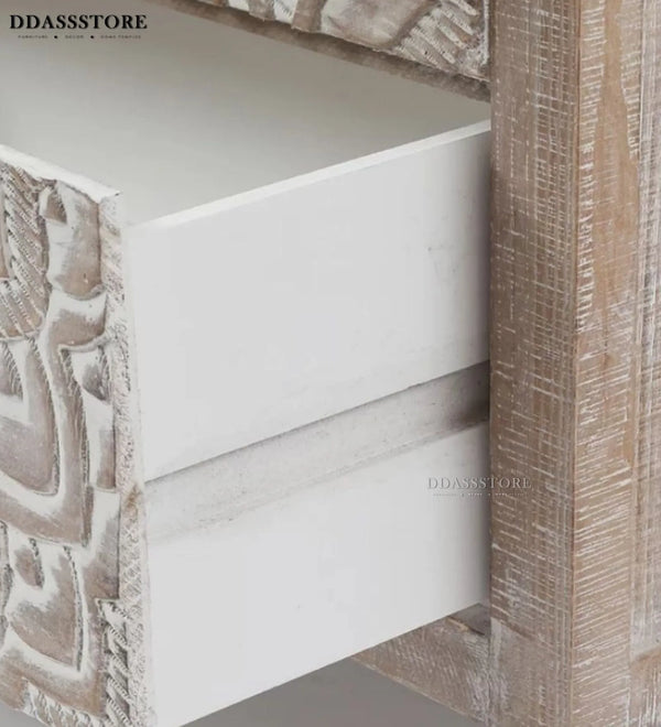 Distressed Solid wood HandCarved Bedside Table for Bed - D'DASS Store
