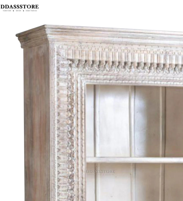 White Rustic Solid wood HandCarved Bookshelf with Storage - D'DASS Store