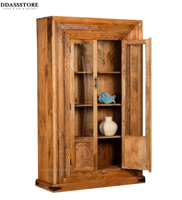Natural Rustic Solid wood HandCarved Bookshelf with Storage - D'DASS Store