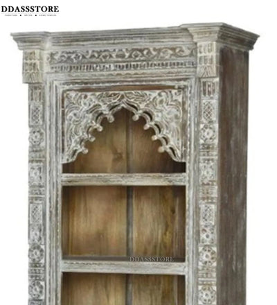 Grey Rustic Solid wood HandCarved Bookshelf with Storage - D'DASS Store