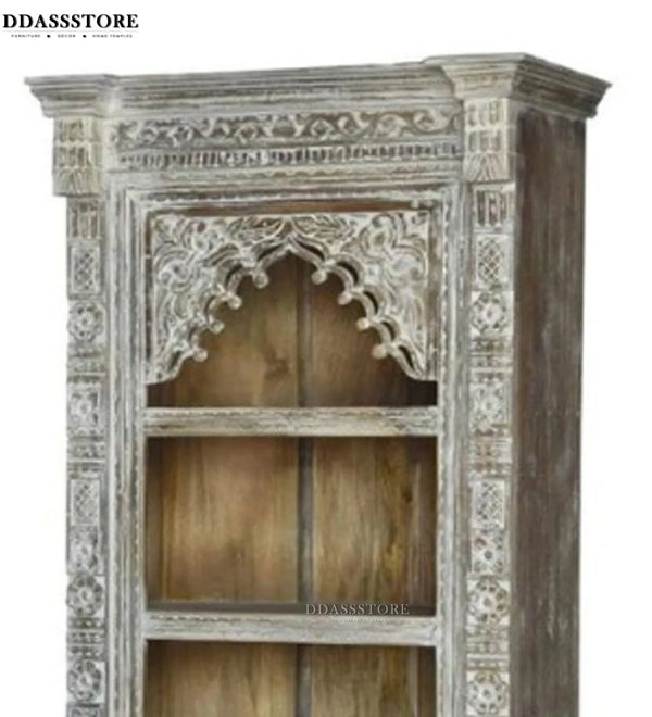 Grey Rustic Solid wood HandCarved Bookshelf with Storage - D'DASS Store