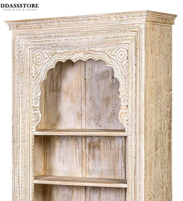 White Rustic Solid wood HandCarved Bookshelf with Storage - D'DASS Store