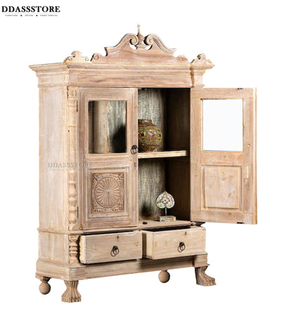 white Rustic Solid wood HandCarved Bookshelf with Storage - D'DASS Store
