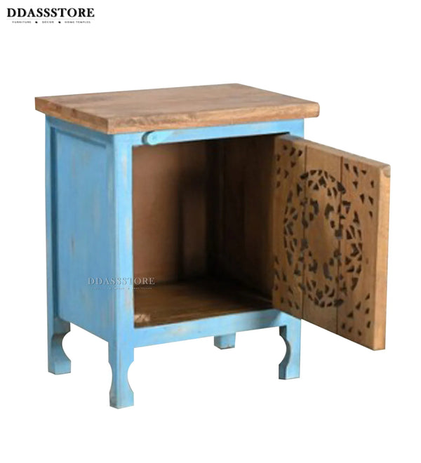 Rustic Bluecity Solid wood HandCarved Bedside Table for Bed - D'DASS Store