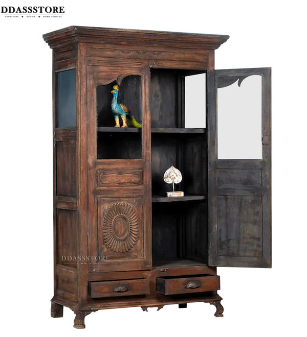 Walnut Rustic Solid wood HandCarved Bookshelf with Storage - D'DASS Store