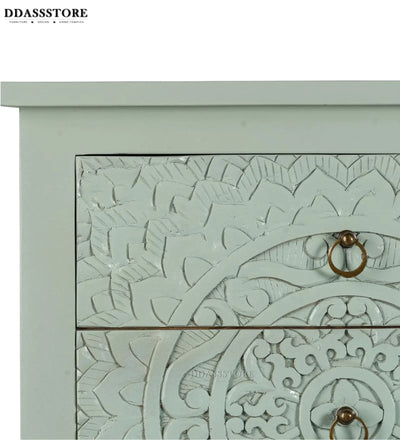 Distressed Green Solid wood HandCarved Bedside Table for Bed - D'DASS Store