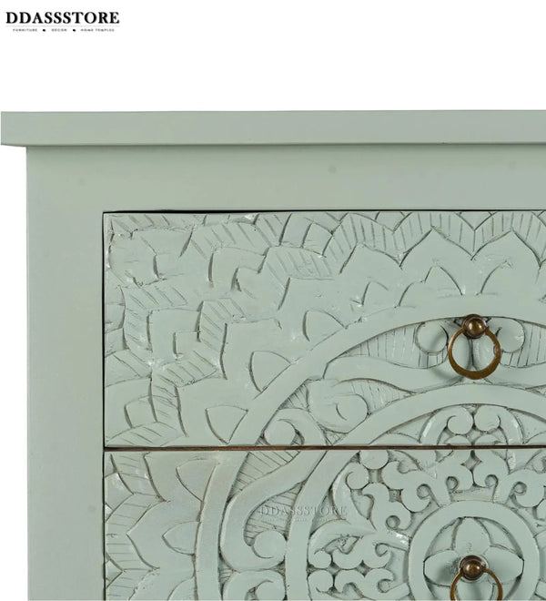 Distressed Green Solid wood HandCarved Bedside Table for Bed - D'DASS Store