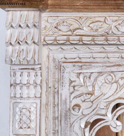White Rustic Solid wood HandCarved Bookshelf with Storage - D'DASS Store