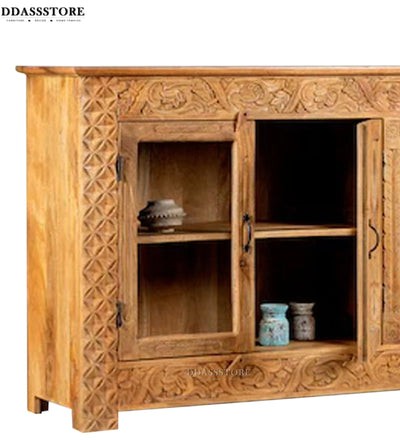 Natural Rustic Solid wood HandCarved Crockery unit for Kitchen - D'DASS Store