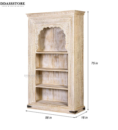 White Rustic Solid wood HandCarved Bookshelf with Storage