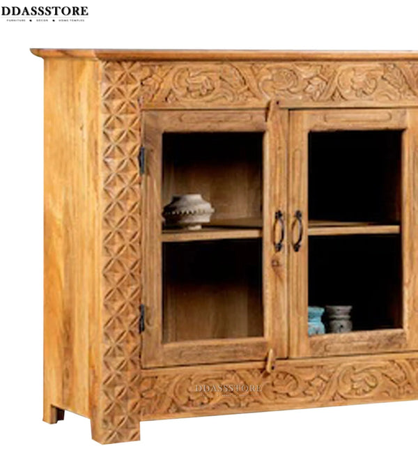 Natural Rustic Solid wood HandCarved Bookshelf with Storage - D'DASS Store