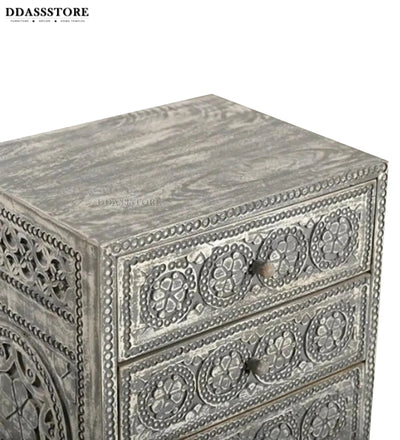 Rustic Grey Solid wood HandCarved Bedside Table for Bed - D'DASS Store