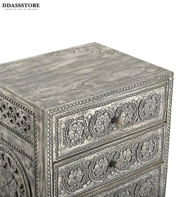 Rustic Grey Solid wood HandCarved Bedside Table for Bed - D'DASS Store