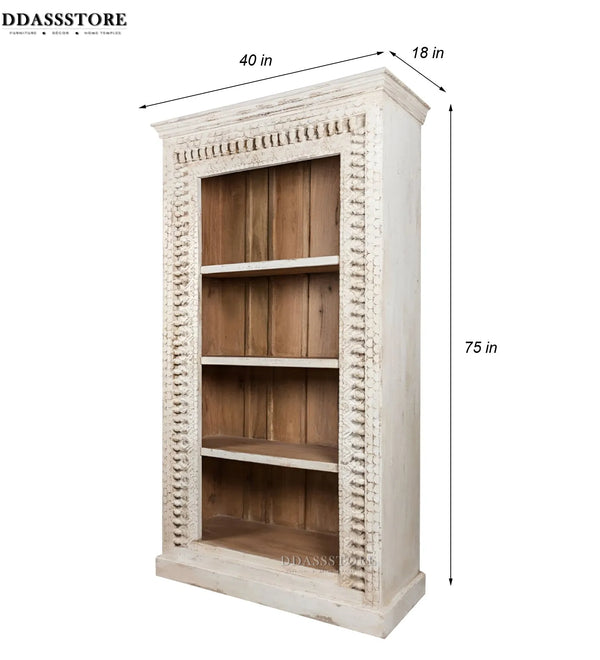 White Rustic Solid wood HandCarved Bookshelf with Storage - D'DASS Store