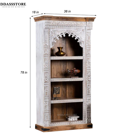 White Rustic Solid wood HandCarved Bookshelf with Storage