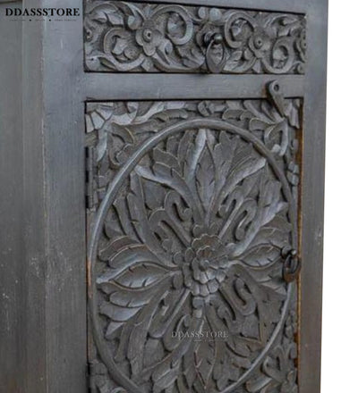 Distressed Grey Solid wood HandCarved Bedside Table for Bed - D'DASS Store