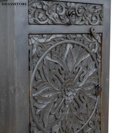 Distressed Grey Solid wood HandCarved Bedside Table for Bed - D'DASS Store