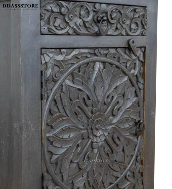 Distressed Grey Solid wood HandCarved Bedside Table for Bed - D'DASS Store