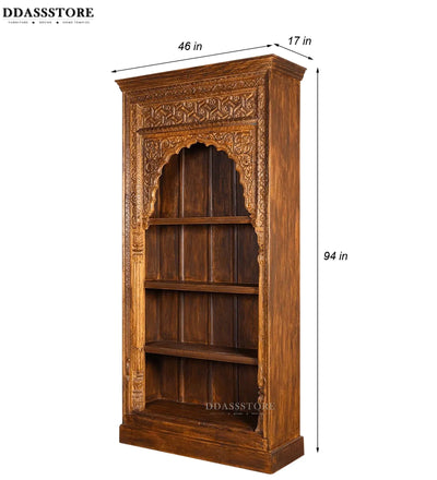Walnut Rustic Solid wood HandCarved Bookshelf with Storage - D'DASS Store