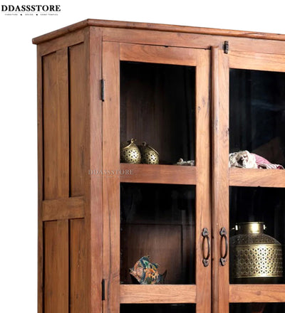 Natural Rustic Solid wood HandCarved Bookshelf with Storage - D'DASS Store
