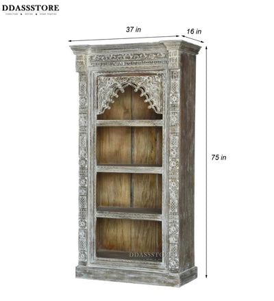 Grey Rustic Solid wood HandCarved Bookshelf with Storage