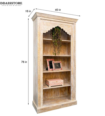 White Rustic Solid wood HandCarved Bookshelf with Storage