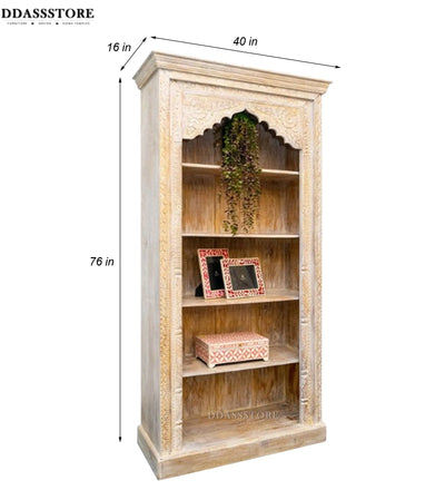 White Rustic Solid wood HandCarved Bookshelf with Storage - D'DASS Store