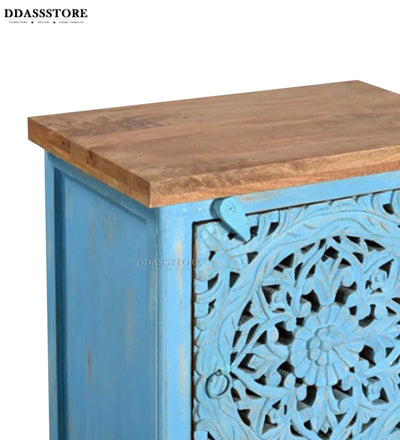Rustic Bluecity Solid wood HandCarved Bedside Table for Bed - D'DASS Store