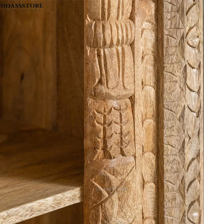 Natural Rustic Solid wood HandCarved Bookshelf with Storage - D'DASS Store