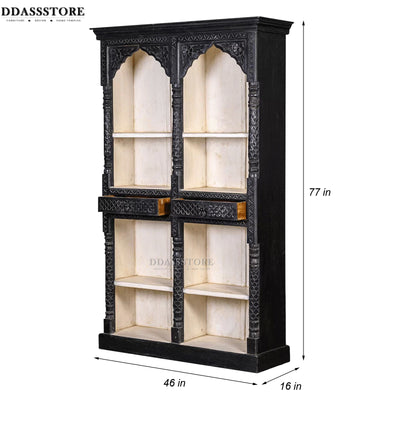 Black Rustic Solid wood HandCarved Bookshelf with Storage