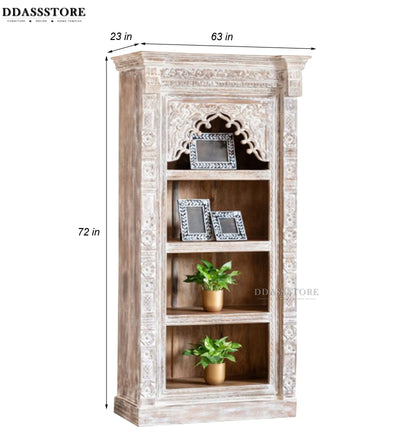 White Rustic Solid wood HandCarved Bookshelf with Storage - D'DASS Store