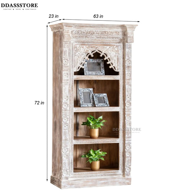 White Rustic Solid wood HandCarved Bookshelf with Storage - D'DASS Store