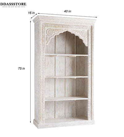 White Rustic Solid wood HandCarved Bookshelf with Storage