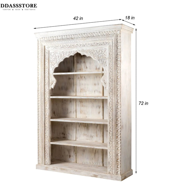 White Rustic Solid wood HandCarved Bookshelf with Storage - D'DASS Store