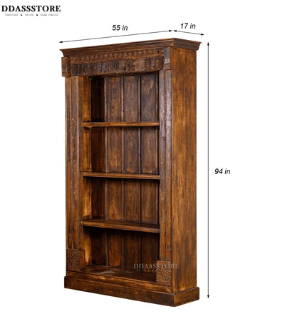 Walnut Rustic Solid wood HandCarved Bookshelf with Storage - D'DASS Store